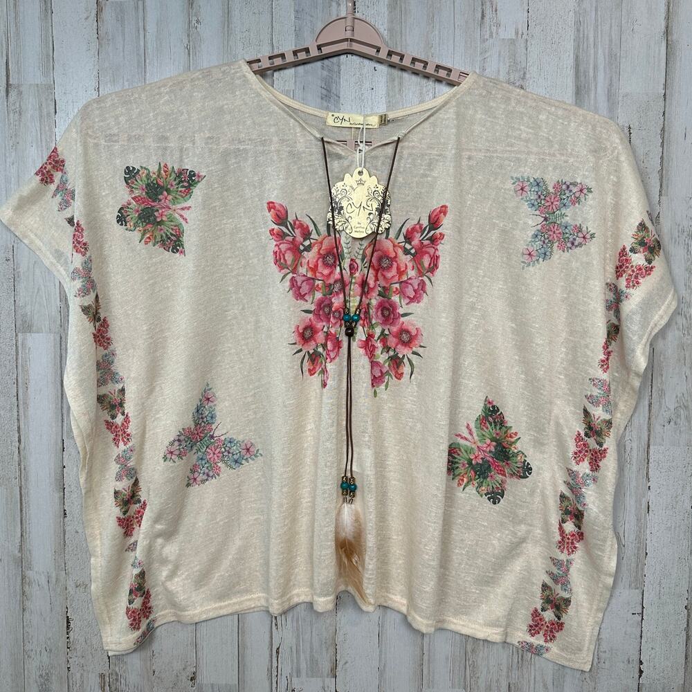 NWT Cynthia Mehra Floral Butterfly Boho Blouse One Size Fairy Lagenlook Festival